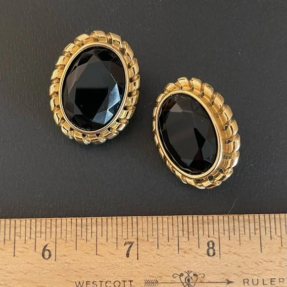 Vintage Givenchy Paris Goldtone And Faceted Black Cabochon Clip Earrings